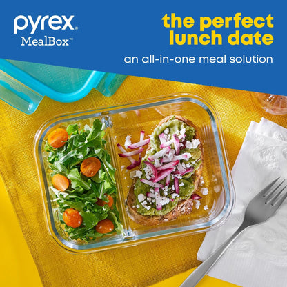 Pyrex® MealBox 4-cup Divided Glass Food Storage Container with Turquoise Lid