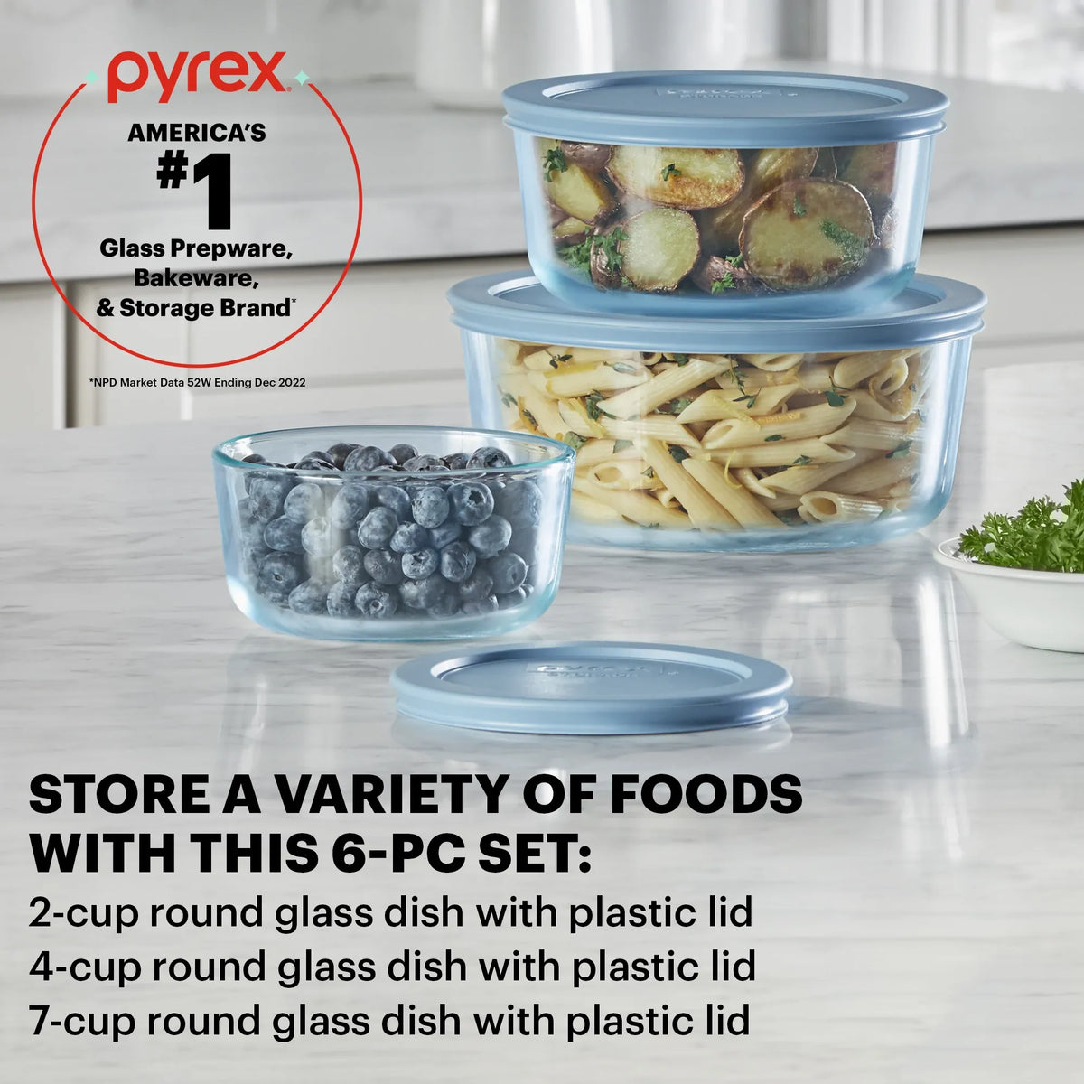 Pyrex® Simply Store® Tinted 6-piece Round Storage Set with Blue Plastic Lids