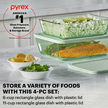 Pyrex® Simply Store® Tinted 4-piece Rectangle Storage Set with Green Plastic Lids